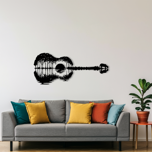 Gün Batımı Gitar Temalı Ahşap Duvar Tablosu
