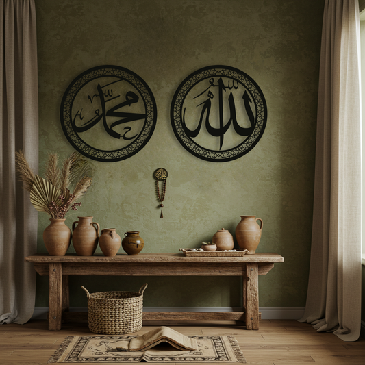 Allah ve Muhammed Lafzı Temalı Ahşap Duvar Tablosu