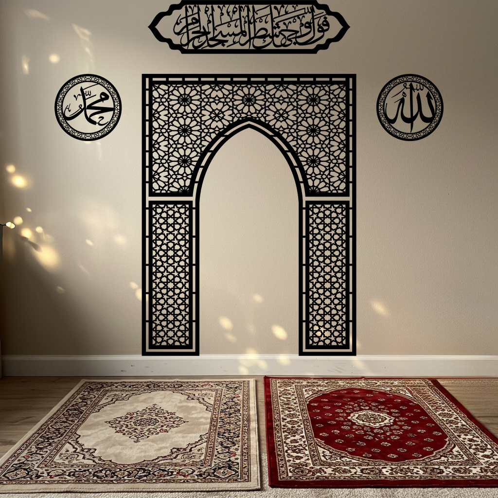 Ahşap Mihrap, Allah & Muhammed Lafzı ve Bakara 144. Ayet Duvar Tablosu Seti