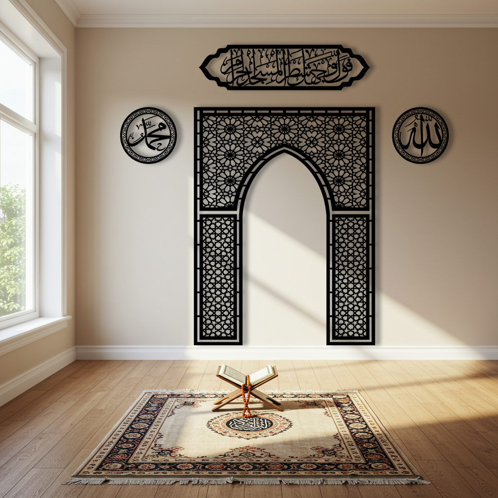 Ahşap Mihrap, Allah & Muhammed Lafzı ve Bakara 144. Ayet Duvar Tablosu Seti