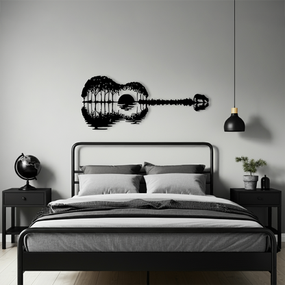 Gün Batımı Gitar Temalı Ahşap Duvar Tablosu