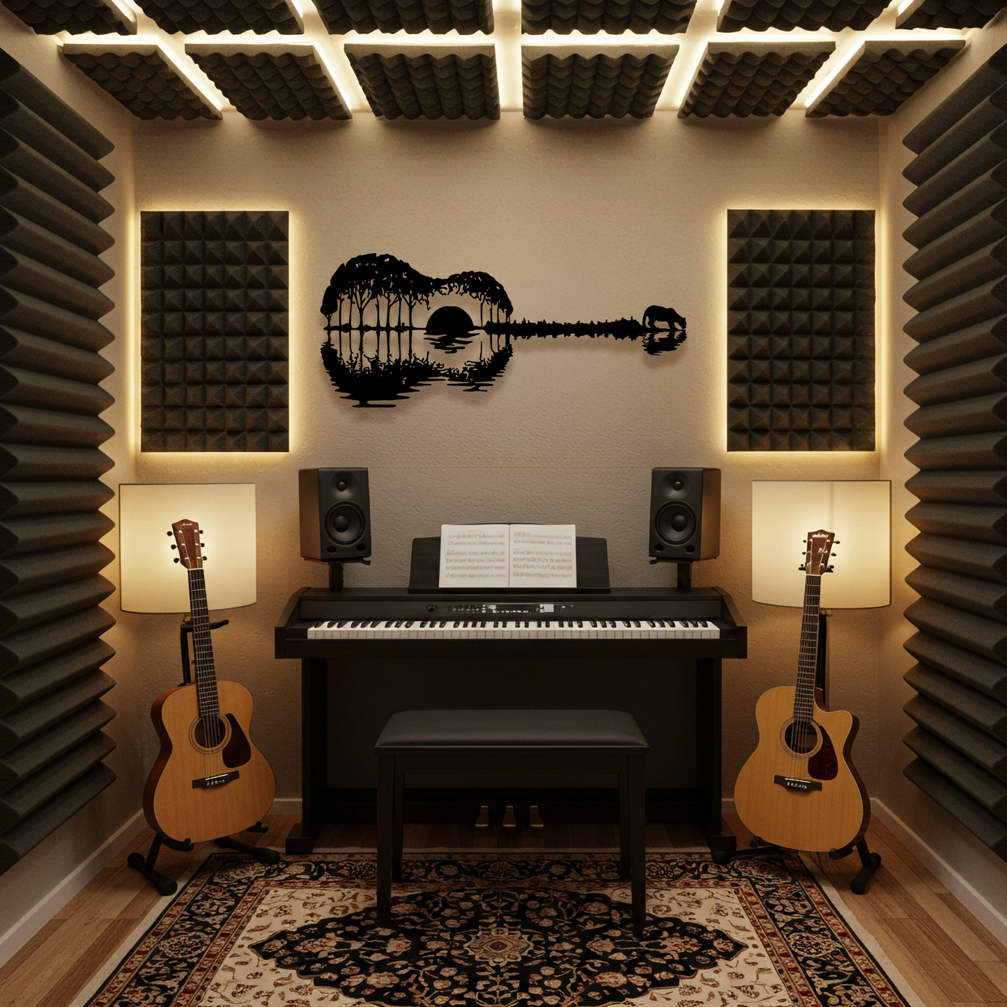 Gün Batımı Gitar Temalı Ahşap Duvar Tablosu