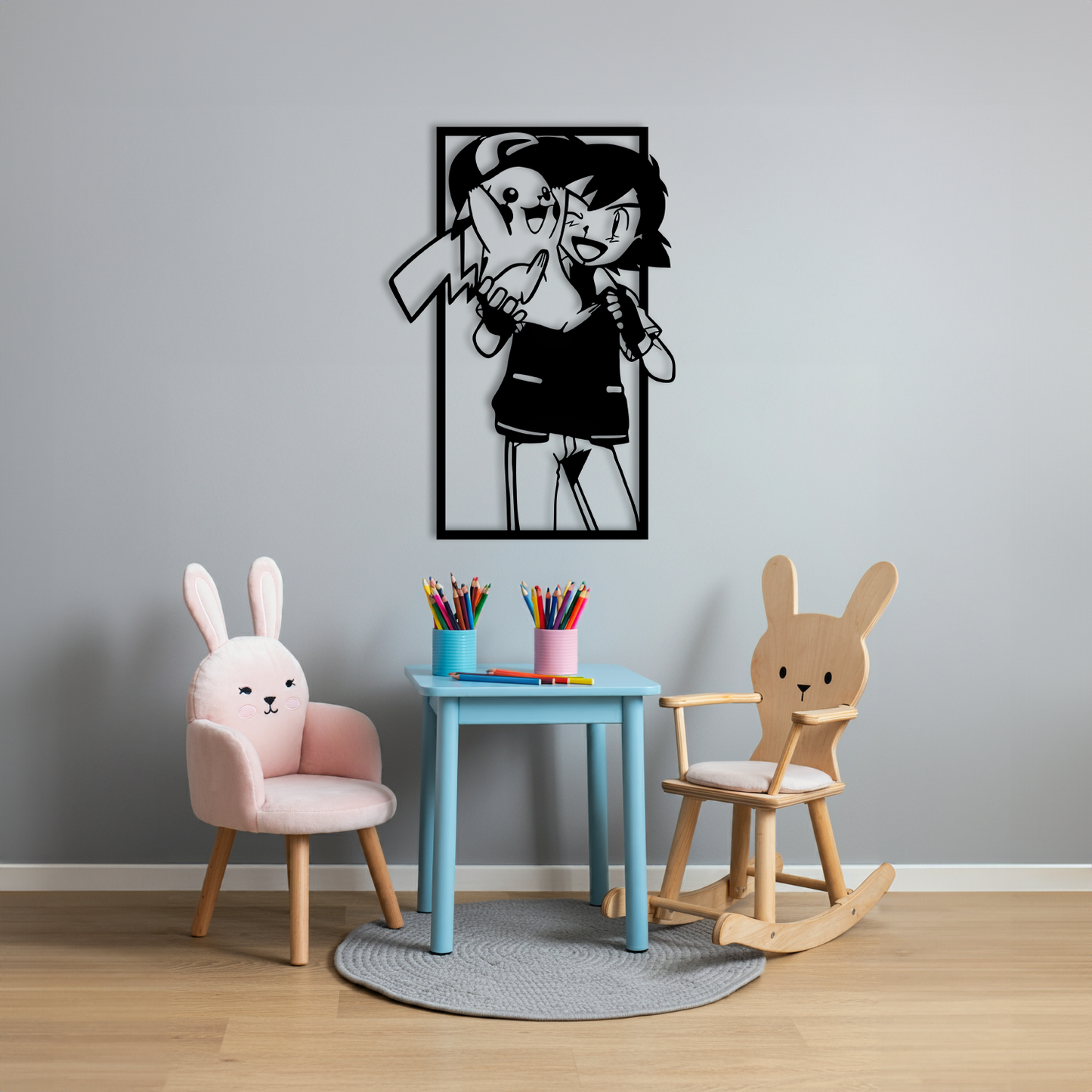 Pikachu ve Ash Temalı Ahşap Duvar Tablosu