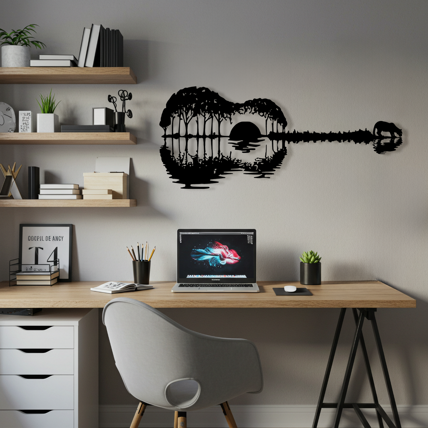 Gün Batımı Gitar Temalı Ahşap Duvar Tablosu