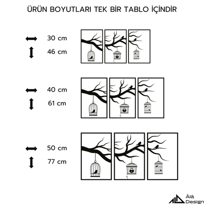 Dalda Asılı Kafesteki Kuşlar Temalı Ahşap Duvar Tablosu